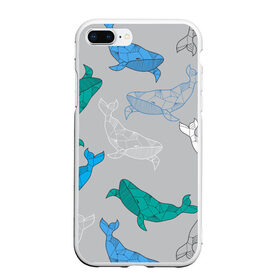 Чехол для iPhone 7Plus/8 Plus матовый с принтом Узор с китами на сером в Кировске, Силикон | Область печати: задняя сторона чехла, без боковых панелей | графика | кит | морской | рыба | серый | синий | узор