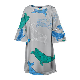 Детское платье 3D с принтом Узор с китами на сером в Кировске, 100% полиэстер | прямой силуэт, чуть расширенный к низу. Круглая горловина, на рукавах — воланы | Тематика изображения на принте: графика | кит | морской | рыба | серый | синий | узор