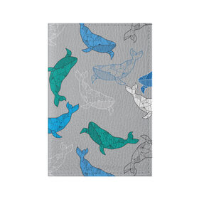 Обложка для паспорта матовая кожа с принтом Узор с китами на сером в Кировске, натуральная матовая кожа | размер 19,3 х 13,7 см; прозрачные пластиковые крепления | Тематика изображения на принте: графика | кит | морской | рыба | серый | синий | узор