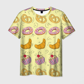 Мужская футболка 3D с принтом Сладости в ряд в Кировске, 100% полиэфир | прямой крой, круглый вырез горловины, длина до линии бедер | готовить | донат | еда | желтый | капкейк | кондитер | паттерн | пирожное | повар | подарок | сладкое | узор