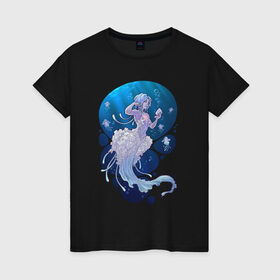 Женская футболка хлопок с принтом Jellyfish mermaid в Кировске, 100% хлопок | прямой крой, круглый вырез горловины, длина до линии бедер, слегка спущенное плечо | jellyfish | mermaid | sea | медузы | морское | подводный мир | русалка