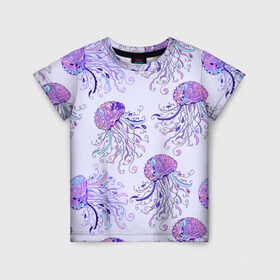 Детская футболка 3D с принтом Узор Медуза в Кировске, 100% гипоаллергенный полиэфир | прямой крой, круглый вырез горловины, длина до линии бедер, чуть спущенное плечо, ткань немного тянется | Тематика изображения на принте: завитушки | медуза | море | морской | паттерн | розовый | узор | фиолетовый