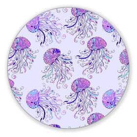 Коврик для мышки круглый с принтом Узор Медуза в Кировске, резина и полиэстер | круглая форма, изображение наносится на всю лицевую часть | завитушки | медуза | море | морской | паттерн | розовый | узор | фиолетовый