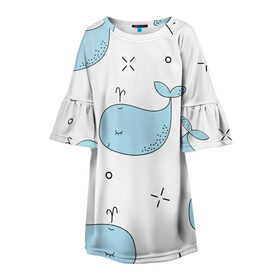 Детское платье 3D с принтом Маленькие киты в Кировске, 100% полиэстер | прямой силуэт, чуть расширенный к низу. Круглая горловина, на рукавах — воланы | детский | кит | маленький | море | морской | прикольный | рисунок | рыбы | скетч