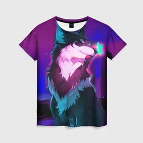 Женская футболка 3D с принтом Сказочный волк в Кировске, 100% полиэфир ( синтетическое хлопкоподобное полотно) | прямой крой, круглый вырез горловины, длина до линии бедер | wolf | бабочка | волк | волки | волшебный волк | животные | звери | магический волк