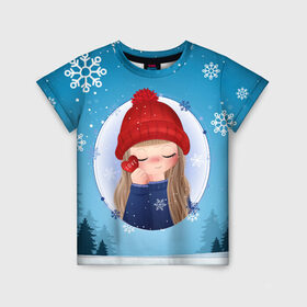 Детская футболка 3D с принтом Girl winter в Кировске, 100% гипоаллергенный полиэфир | прямой крой, круглый вырез горловины, длина до линии бедер, чуть спущенное плечо, ткань немного тянется | new year | арт | графика | дед мороз | зима | новый год | рождество | санта