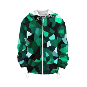 Детская куртка 3D с принтом Имеральд в Кировске, 100% полиэстер | застежка — молния, подол и капюшон оформлены резинкой с фиксаторами, по бокам — два кармана без застежек, один потайной карман на груди, плотность верхнего слоя — 90 г/м2; плотность флисового подклада — 260 г/м2 | camouflage | casual style | geometry | green | hexagon | polygonal | stripes | texture | гексагон | геометрические | геометрия | городской | изумруд | камуфляж | кристаллы | милитари | мозаика | объемный | повседневный | полигон