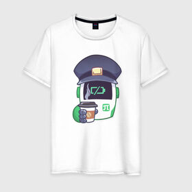 Мужская футболка хлопок с принтом Робот Полли в Кировске, 100% хлопок | прямой крой, круглый вырез горловины, длина до линии бедер, слегка спущенное плечо. | coffee | cup | robot | tired