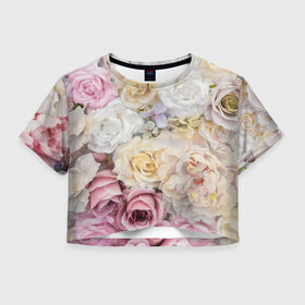 Женская футболка Crop-top 3D с принтом Нежные Цветы в Кировске, 100% полиэстер | круглая горловина, длина футболки до линии талии, рукава с отворотами | белый | розовый | розы | сирень | цветок
