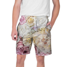 Мужские шорты 3D с принтом Нежные Цветы в Кировске,  полиэстер 100% | прямой крой, два кармана без застежек по бокам. Мягкая трикотажная резинка на поясе, внутри которой широкие завязки. Длина чуть выше колен | белый | розовый | розы | сирень | цветок
