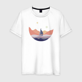 Мужская футболка хлопок с принтом Яхта в океане в Кировске, 100% хлопок | прямой крой, круглый вырез горловины, длина до линии бедер, слегка спущенное плечо. | лодка | море | океан | путешествия | яхта | яхтинг