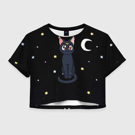 Женская футболка Crop-top 3D с принтом Луна в Кировске, 100% полиэстер | круглая горловина, длина футболки до линии талии, рукава с отворотами | sailor moon. кот луна | кот | кошка | луна | сейлор мун | сейлормун