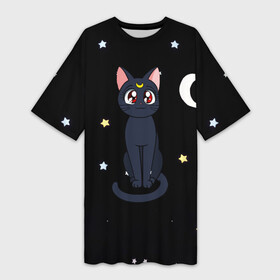 Платье-футболка 3D с принтом Луна в Кировске,  |  | sailor moon. кот луна | кот | кошка | луна | сейлор мун | сейлормун