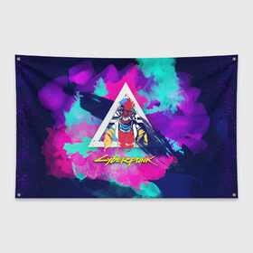 Флаг-баннер с принтом Cyberpunk 2077 в Кировске, 100% полиэстер | размер 67 х 109 см, плотность ткани — 95 г/м2; по краям флага есть четыре люверса для крепления | demon | fangs. | paint | triangle | демон | клыки | краски | треугольник