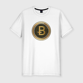 Мужская футболка хлопок Slim с принтом BITCOIN в Кировске, 92% хлопок, 8% лайкра | приталенный силуэт, круглый вырез ворота, длина до линии бедра, короткий рукав | bitcoin | btc | биткоин | валюта | деньги | криптовалюта