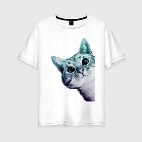 Женская футболка хлопок Oversize с принтом Любопытный кот в Кировске, 100% хлопок | свободный крой, круглый ворот, спущенный рукав, длина до линии бедер
 | cat | домашние животные | животные | звери | кат | кот | котенок | коты | кошка