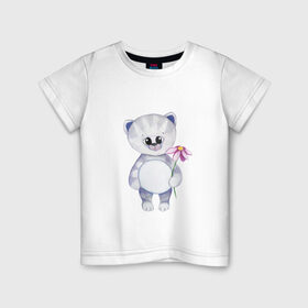 Детская футболка хлопок с принтом Держи цвяточек в Кировске, 100% хлопок | круглый вырез горловины, полуприлегающий силуэт, длина до линии бедер | животные | кот | милота | милые иллюстрации | парные футболки | цветочек | цветы