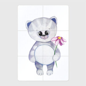 Магнитный плакат 2Х3 с принтом Держи цвяточек в Кировске, Полимерный материал с магнитным слоем | 6 деталей размером 9*9 см | животные | кот | милота | милые иллюстрации | парные футболки | цветочек | цветы