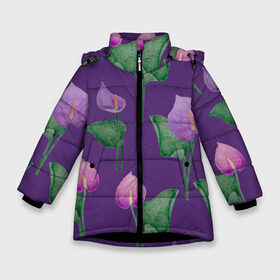 Зимняя куртка для девочек 3D с принтом Антуриумы на фиолетовом фоне в Кировске, ткань верха — 100% полиэстер; подклад — 100% полиэстер, утеплитель — 100% полиэстер. | длина ниже бедра, удлиненная спинка, воротник стойка и отстегивающийся капюшон. Есть боковые карманы с листочкой на кнопках, утяжки по низу изделия и внутренний карман на молнии. 

Предусмотрены светоотражающий принт на спинке, радужный светоотражающий элемент на пуллере молнии и на резинке для утяжки. | Тематика изображения на принте: 8 марта | flowers | summer | антуриумы | весна | зеленый | лето | листья | праздник | природа | растения | фиолетовый | цветы