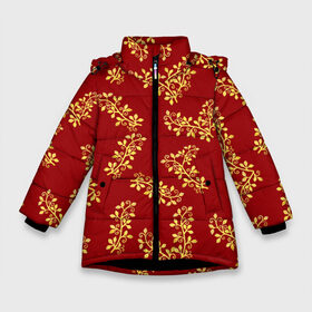 Зимняя куртка для девочек 3D с принтом Золотые веточки на красном в Кировске, ткань верха — 100% полиэстер; подклад — 100% полиэстер, утеплитель — 100% полиэстер. | длина ниже бедра, удлиненная спинка, воротник стойка и отстегивающийся капюшон. Есть боковые карманы с листочкой на кнопках, утяжки по низу изделия и внутренний карман на молнии. 

Предусмотрены светоотражающий принт на спинке, радужный светоотражающий элемент на пуллере молнии и на резинке для утяжки. | 8 марта | flowers | summer | весна | веточки | золотой | лето | праздник | природа | растения | узор