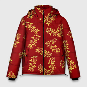 Мужская зимняя куртка 3D с принтом Золотые веточки на красном в Кировске, верх — 100% полиэстер; подкладка — 100% полиэстер; утеплитель — 100% полиэстер | длина ниже бедра, свободный силуэт Оверсайз. Есть воротник-стойка, отстегивающийся капюшон и ветрозащитная планка. 

Боковые карманы с листочкой на кнопках и внутренний карман на молнии. | 8 марта | flowers | summer | весна | веточки | золотой | лето | праздник | природа | растения | узор