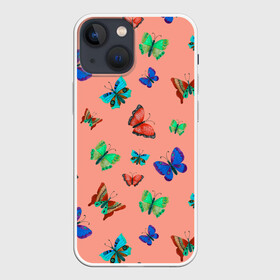 Чехол для iPhone 13 mini с принтом Бабочки на персиковом фоне в Кировске,  |  | 8 марта | butterflies | summer | бабочки | весна | зеленый | красный | лето | насекомые | праздник | природа | синий