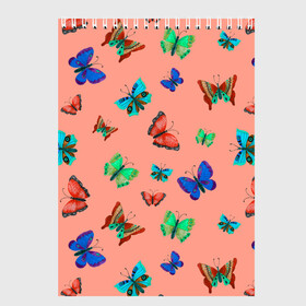 Скетчбук с принтом Бабочки на персиковом фоне в Кировске, 100% бумага
 | 48 листов, плотность листов — 100 г/м2, плотность картонной обложки — 250 г/м2. Листы скреплены сверху удобной пружинной спиралью | 8 марта | butterflies | summer | бабочки | весна | зеленый | красный | лето | насекомые | праздник | природа | синий