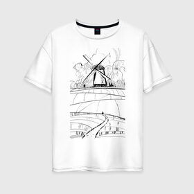 Женская футболка хлопок Oversize с принтом Мельница в Кировске, 100% хлопок | свободный крой, круглый ворот, спущенный рукав, длина до линии бедер
 | долина | кот | мельница | поля | тропинка