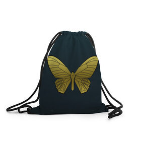 Рюкзак-мешок 3D с принтом Butterfly в Кировске, 100% полиэстер | плотность ткани — 200 г/м2, размер — 35 х 45 см; лямки — толстые шнурки, застежка на шнуровке, без карманов и подкладки | бабочка | геомеирический | золотой | темный фон