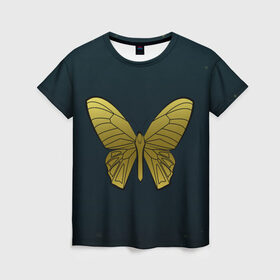 Женская футболка 3D с принтом Butterfly в Кировске, 100% полиэфир ( синтетическое хлопкоподобное полотно) | прямой крой, круглый вырез горловины, длина до линии бедер | бабочка | геомеирический | золотой | темный фон