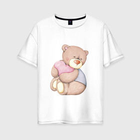 Женская футболка хлопок Oversize с принтом Мишка с сердечком в Кировске, 100% хлопок | свободный крой, круглый ворот, спущенный рукав, длина до линии бедер
 | акварель | карандашом | косолапый | медведь | сердечки