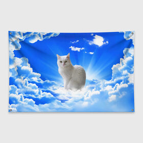 Флаг-баннер с принтом Кот в облаках в Кировске, 100% полиэстер | размер 67 х 109 см, плотность ткани — 95 г/м2; по краям флага есть четыре люверса для крепления | animals | cat | kitty | ангел | белый кот | блики | взгляд кота | глаза кота | животные | киска | кот | котейка | котенок | котик | кошак | кошка | лучи | мордочка | небесный | небо | облака | пейзаж | питомец