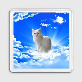 Магнит 55*55 с принтом Кот в облаках в Кировске, Пластик | Размер: 65*65 мм; Размер печати: 55*55 мм | animals | cat | kitty | ангел | белый кот | блики | взгляд кота | глаза кота | животные | киска | кот | котейка | котенок | котик | кошак | кошка | лучи | мордочка | небесный | небо | облака | пейзаж | питомец