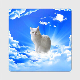 Магнит виниловый Квадрат с принтом Кот в облаках в Кировске, полимерный материал с магнитным слоем | размер 9*9 см, закругленные углы | Тематика изображения на принте: animals | cat | kitty | ангел | белый кот | блики | взгляд кота | глаза кота | животные | киска | кот | котейка | котенок | котик | кошак | кошка | лучи | мордочка | небесный | небо | облака | пейзаж | питомец
