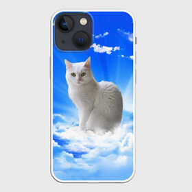 Чехол для iPhone 13 mini с принтом Кот в облаках в Кировске,  |  | animals | cat | kitty | ангел | белый кот | блики | взгляд кота | глаза кота | животные | киска | кот | котейка | котенок | котик | кошак | кошка | лучи | мордочка | небесный | небо | облака | пейзаж | питомец