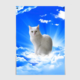 Постер с принтом Кот в облаках в Кировске, 100% бумага
 | бумага, плотность 150 мг. Матовая, но за счет высокого коэффициента гладкости имеет небольшой блеск и дает на свету блики, но в отличии от глянцевой бумаги не покрыта лаком | animals | cat | kitty | ангел | белый кот | блики | взгляд кота | глаза кота | животные | киска | кот | котейка | котенок | котик | кошак | кошка | лучи | мордочка | небесный | небо | облака | пейзаж | питомец