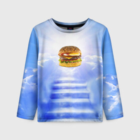 Детский лонгслив 3D с принтом Райский бургер в Кировске, 100% полиэстер | длинные рукава, круглый вырез горловины, полуприлегающий силуэт
 | food | hamburger | hot dog | ангел | блики | булка | булочка | бургер | бутерброд | вкусняшки | гамбургер | еда | котлета | лестница | лучи | небесный | небо | обжора | облака | пейзаж | природа | рай | сендвич