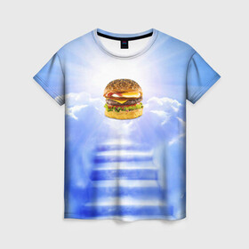Женская футболка 3D с принтом Райский бургер в Кировске, 100% полиэфир ( синтетическое хлопкоподобное полотно) | прямой крой, круглый вырез горловины, длина до линии бедер | food | hamburger | hot dog | ангел | блики | булка | булочка | бургер | бутерброд | вкусняшки | гамбургер | еда | котлета | лестница | лучи | небесный | небо | обжора | облака | пейзаж | природа | рай | сендвич