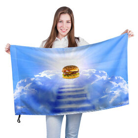 Флаг 3D с принтом Райский бургер в Кировске, 100% полиэстер | плотность ткани — 95 г/м2, размер — 67 х 109 см. Принт наносится с одной стороны | food | hamburger | hot dog | ангел | блики | булка | булочка | бургер | бутерброд | вкусняшки | гамбургер | еда | котлета | лестница | лучи | небесный | небо | обжора | облака | пейзаж | природа | рай | сендвич