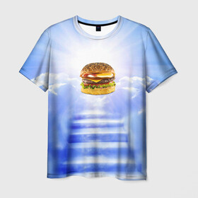 Мужская футболка 3D с принтом Райский бургер в Кировске, 100% полиэфир | прямой крой, круглый вырез горловины, длина до линии бедер | food | hamburger | hot dog | ангел | блики | булка | булочка | бургер | бутерброд | вкусняшки | гамбургер | еда | котлета | лестница | лучи | небесный | небо | обжора | облака | пейзаж | природа | рай | сендвич