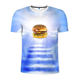 Мужская футболка 3D спортивная с принтом Райский бургер в Кировске, 100% полиэстер с улучшенными характеристиками | приталенный силуэт, круглая горловина, широкие плечи, сужается к линии бедра | food | hamburger | hot dog | ангел | блики | булка | булочка | бургер | бутерброд | вкусняшки | гамбургер | еда | котлета | лестница | лучи | небесный | небо | обжора | облака | пейзаж | природа | рай | сендвич