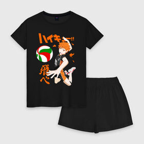 Женская пижама с шортиками хлопок с принтом ВОЛЕЙБОЛ!! HAIKYUU!! в Кировске, 100% хлопок | футболка прямого кроя, шорты свободные с широкой мягкой резинкой | anime | haikyu | haikyuu | karasuno | аниме | волейбол | ворон | карасуно | манга | мяч | сёё хината