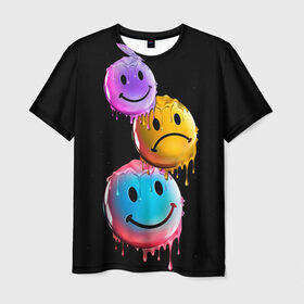 Мужская футболка 3D с принтом Smail в Кировске, 100% полиэфир | прямой крой, круглый вырез горловины, длина до линии бедер | Тематика изображения на принте: lol | smile | грусть | краски | мем | позитив | рожица | смайл | смех | улыбка