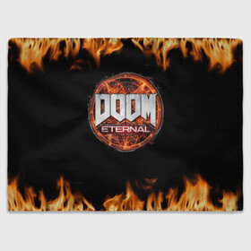 Плед 3D с принтом DOOM Eternal в Кировске, 100% полиэстер | закругленные углы, все края обработаны. Ткань не мнется и не растягивается | doom eternal | дум | игра | компьютерная | логотип | надпись | огненный | огонь | подарок | пожар | символ | фанату | черный