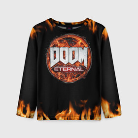 Детский лонгслив 3D с принтом DOOM Eternal в Кировске, 100% полиэстер | длинные рукава, круглый вырез горловины, полуприлегающий силуэт
 | doom eternal | дум | игра | компьютерная | логотип | надпись | огненный | огонь | подарок | пожар | символ | фанату | черный