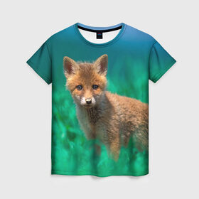 Женская футболка 3D с принтом маленький лисенок в Кировске, 100% полиэфир ( синтетическое хлопкоподобное полотно) | прямой крой, круглый вырез горловины, длина до линии бедер | fox | foxy | животное | звери | лиса | лисенок | лисичка | милая | рыжая | фокс