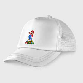 Детская кепка тракер с принтом Super Mario в Кировске, Козырек - 100% хлопок. Кепка - 100% полиэстер, Задняя часть - сетка | универсальный размер, пластиковая застёжка | видеоигра | игра | марио | персонаж