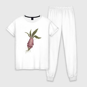 Женская пижама хлопок с принтом Мандрагора в Кировске, 100% хлопок | брюки и футболка прямого кроя, без карманов, на брюках мягкая резинка на поясе и по низу штанин | корни | листочки | растение | фэнтези