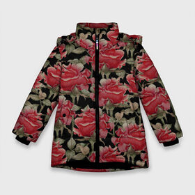 Зимняя куртка для девочек 3D с принтом Красные розы на черном фоне в Кировске, ткань верха — 100% полиэстер; подклад — 100% полиэстер, утеплитель — 100% полиэстер. | длина ниже бедра, удлиненная спинка, воротник стойка и отстегивающийся капюшон. Есть боковые карманы с листочкой на кнопках, утяжки по низу изделия и внутренний карман на молнии. 

Предусмотрены светоотражающий принт на спинке, радужный светоотражающий элемент на пуллере молнии и на резинке для утяжки. | 8 марта | flowers | summer | ботаническая иллюстрация | весна | зеленый | красный | лето | любовь | праздник | принт | природа | растения | розы | цветы | черный
