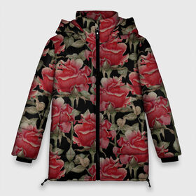 Женская зимняя куртка 3D с принтом Красные розы на черном фоне в Кировске, верх — 100% полиэстер; подкладка — 100% полиэстер; утеплитель — 100% полиэстер | длина ниже бедра, силуэт Оверсайз. Есть воротник-стойка, отстегивающийся капюшон и ветрозащитная планка. 

Боковые карманы с листочкой на кнопках и внутренний карман на молнии | 8 марта | flowers | summer | ботаническая иллюстрация | весна | зеленый | красный | лето | любовь | праздник | принт | природа | растения | розы | цветы | черный